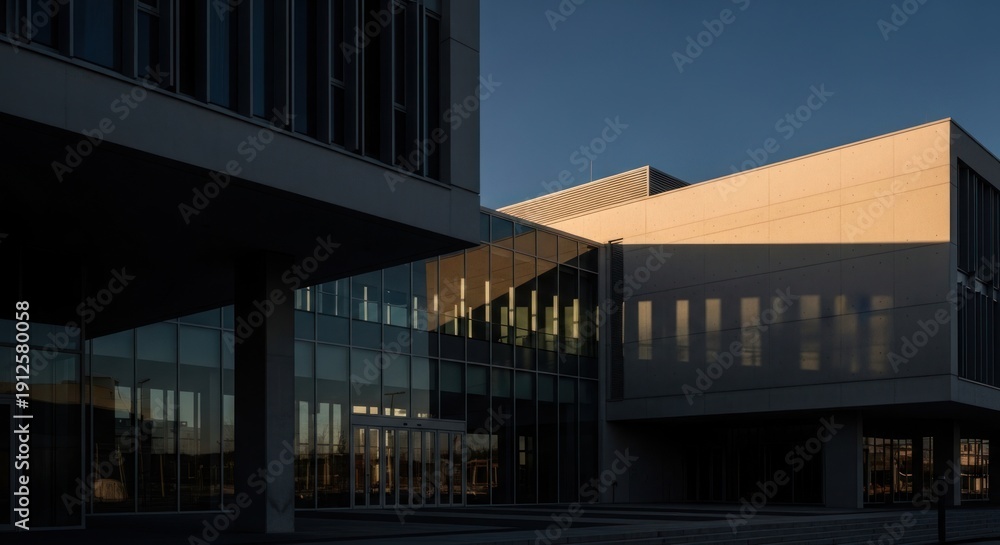 Fototapeta premium Modern architecture exterior with geometric shapes and sunlight reflections
