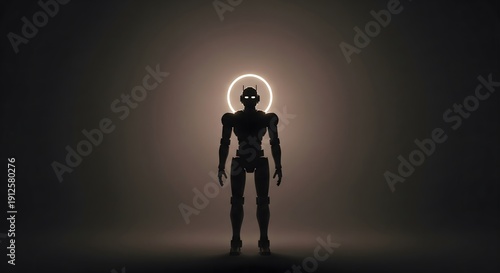 Silhouette of a humanoid robot with a glowing halo above its head.