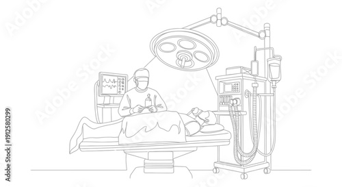 Surgeon Performing Operation in Operating Room with Medical Equipment.