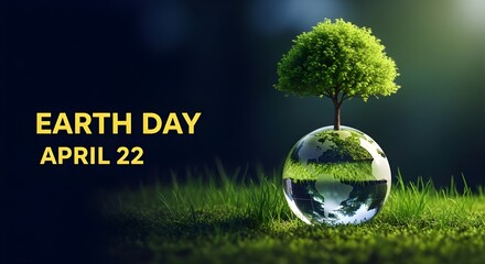 Earth day celebration with tree in glass globe on grass