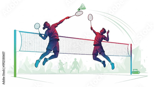 Two players competing in a fast-paced badminton rally on a court with a cheering crowd.