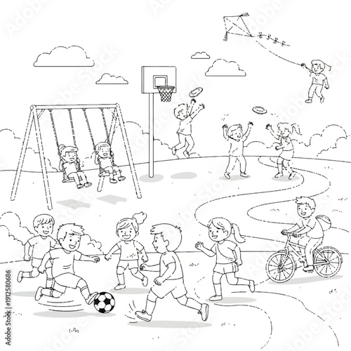 Children enjoying outdoor play in a sunny park with a vibrant playground scene and various activities.