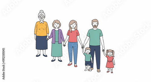 Three generation family standing together holding hands illustration.