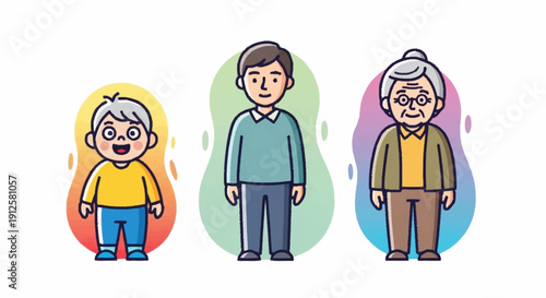 Three generations of people depicted in cartoon style illustrations showing different ages.
