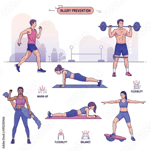 Group of people performing various gym exercises including cardio, strength, and core training in a fitness setting.