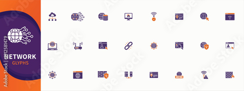 Internet connection flat icons set. Showcasing network, wifi, domain, online, web and technology icons. Solid internet connection vector icons collection.