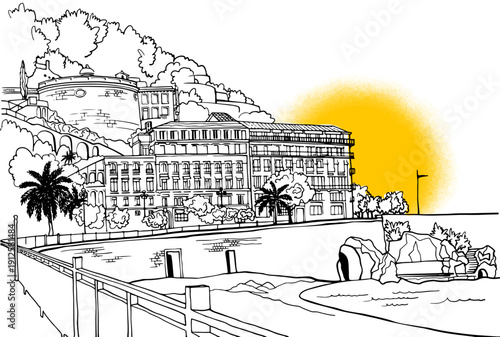 Beautiful embankment in hand drawn sketch style. Nice, Provence, France. Vector illustration. Line Art. Nice European city. Black and white urban landscape on white background. Sunshine.