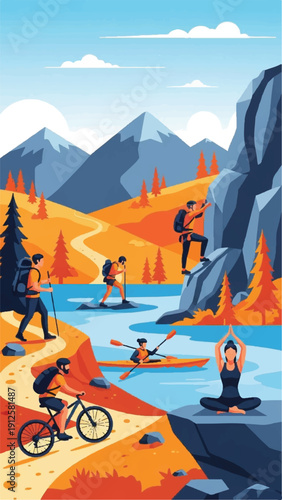 Vibrant Autumn Mountain Landscape with River, Trails, and Outdoor Activities.