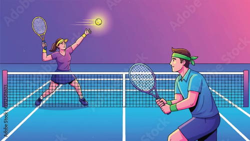 Two Players Compete on a Night Tennis Court Under Bright Lights.
