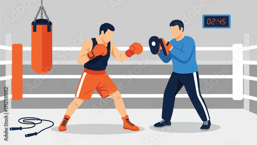 Boxing training session in a gym ring with an athlete and coach sparring.
