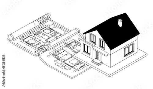 Title
Residential house architectural model with isometric construction blueprint vector concept