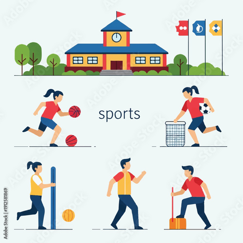 Vibrant illustration of school sports activities featuring running, basketball, bowling, and gym training near a colorful building.