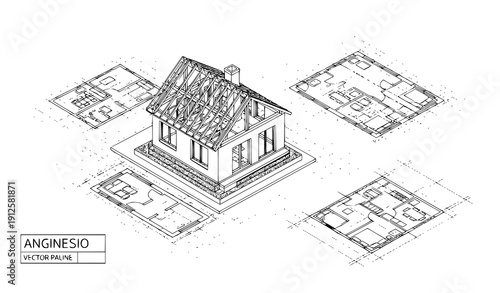 Title
Isometric house construction project with blueprint plans minimal flat vector illustration