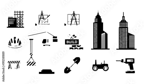 Title
Construction building and equipment line icon set with crane skyscraper and project symbols vector