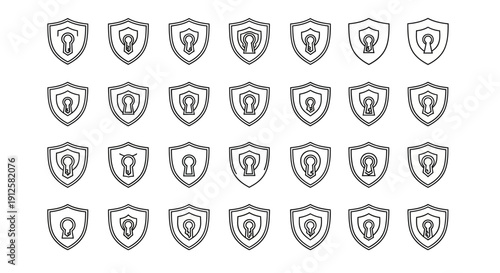 Cyber Security Shield and Protection Badge Icons Collection Representing Data Safety, Network Defense, Privacy Protection, Secure Access, Encryption Systems, Digital Risk Management, Information Secur