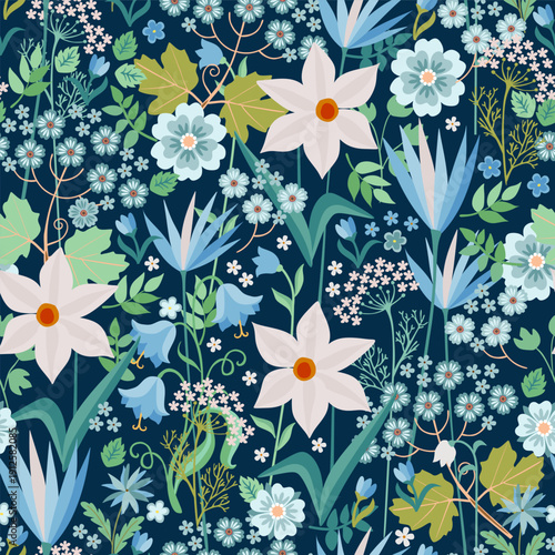 Beautiful floral seamless pattern with blue and white flowers. Spring design....