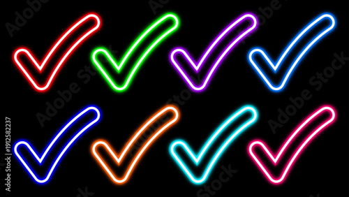 Neon tik mark icon. Glowing check mark icon vector. Varity neon color icon on black background.