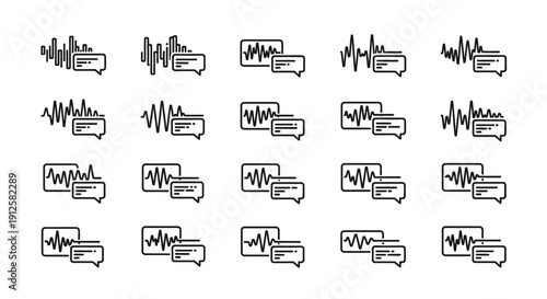 Hand Drawn Communication and Voice Message Icons Set Showing Sound Waves, Audio Chat, Voice Notes, Digital Conversations, Podcast Symbols, Media Interaction, Online Messaging, Voice Recording, Custome