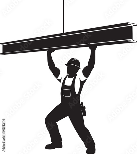 Construction Worker Lifting Heavy Steel I-Beam Isolated Silhouette Vector