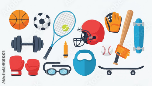 Assorted sports gear and equipment icons including balls, protective gear, and training accessories.