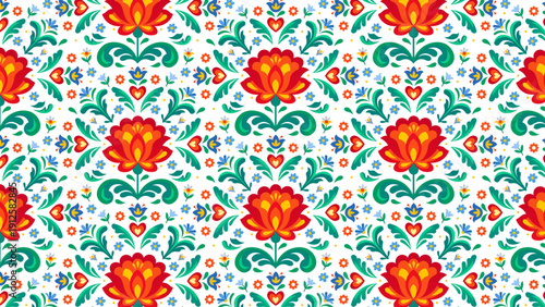 Patrón floral folklórico colorido con flores rojas y hojas verdes estilo tradicional europeo