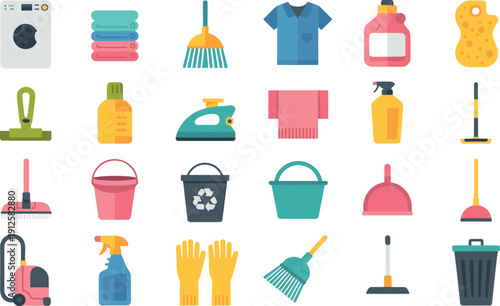 Household Cleaning Equipment and Laundry Supplies Collection Flat Colorful Vector Icon Set Illustration