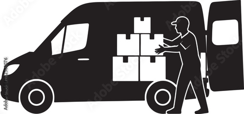 Delivery Man Loading Boxes into Van, Black Silhouette Icon