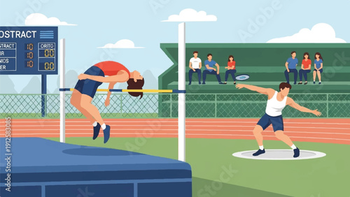 Athletes compete in a track and field event featuring high jump and sprint in a lively stadium setting.