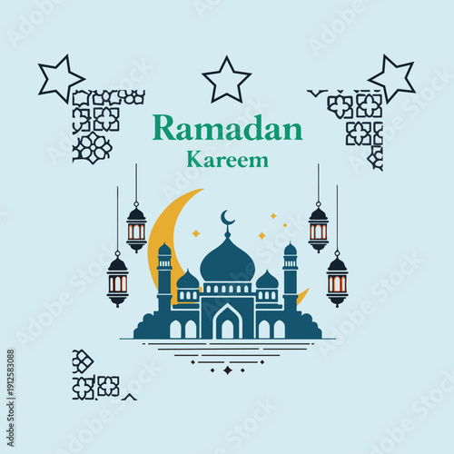 Ramadan Kareem greeting with Islamic mosque, crescent moon, lanterns and stars on a light blue background.