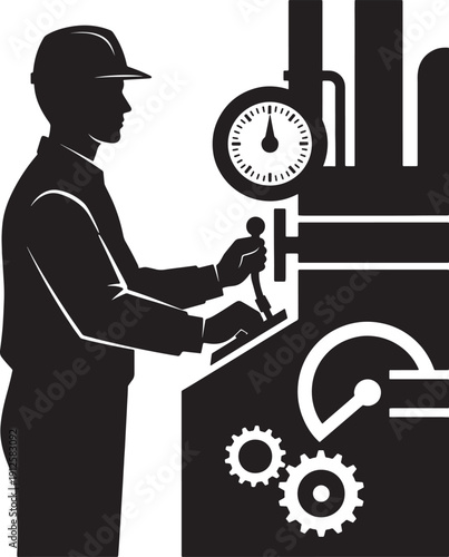 Industrial Worker Operating Heavy Machinery Silhouette Vector Illustration