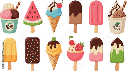 Ice Cream Cones Popsicles and Frozen Desserts Collection Colorful Sweet Treats Flat Vector Illustration Set