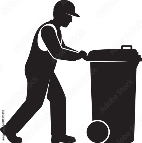 Garbage Collector Pushing Wheeled Trash Can Silhouette Isolated on White