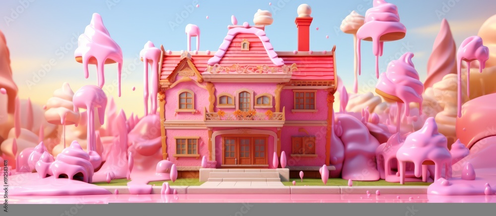 Obraz premium Whimsical Pink Candy Land House with Swirling Lollipop Trees and Sweet Scenery.