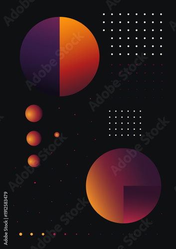Abstract planet infographics, gradient shapes on a black background. Esoteric symbols, imitation planets.