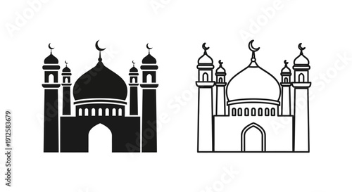 Vector black silhouette and outline icons of a mosque with domes and crescent moons, isolated on a transparent background, suitable for religious holidays.