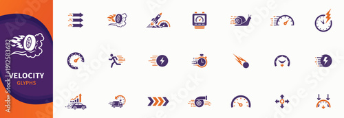 Speed fast flat icons set. Containing velocity, accelerate, rapid, rocket, boost and quick icons. Solid speed fast vector icons collection.