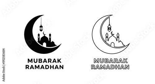 Vector black silhouette and outline icons for Ramadan Mubarak with crescent moon, mosque, and hanging lantern, isolated on white background.