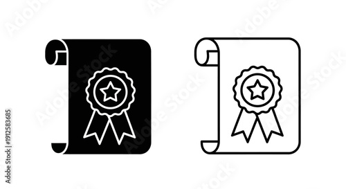 Vector black and white certificate scroll icon with a star medal and ribbon, isolated on a transparent background for UI or app design.