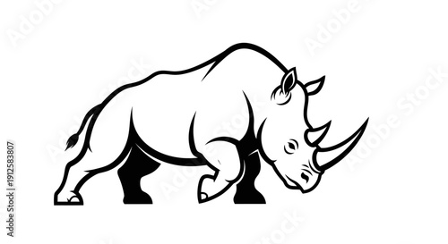 Black and White Rhinoceros Illustration Side View.