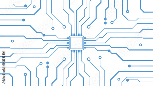 Intricate light blue electronic circuit board pattern with a central microchip processor and spreading neural network lines for high-tech digital hardware background design.