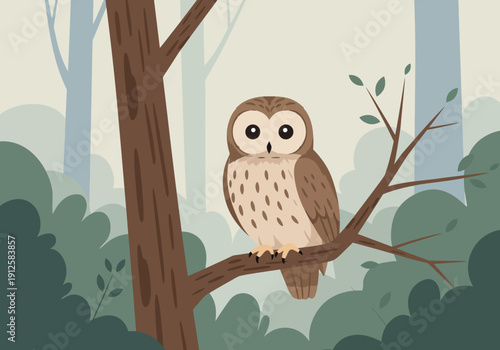 An owl perched on a tree branch in a serene forest, viewed from the side in a calm environment