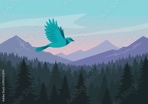 A bird in flight soars through the sky over a forest with mountains in the background at dusk