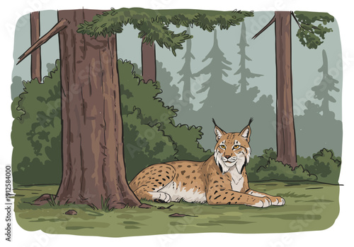 A lynx resting beside a tree trunk in a serene forest environment viewed from a slight distance