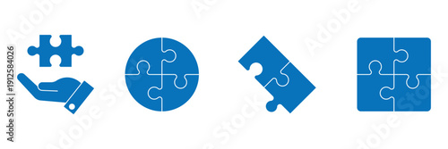 Puzzle pieces icon set. Puzzle jigsaw isolated blue icon set.
