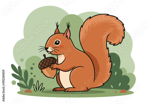 A cartoon squirrel holding an acorn in a lush green forest glade illustration from a side viewpoint