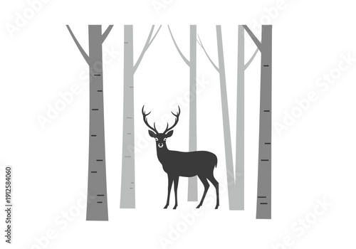 Deer standing among trees in a serene forest landscape illustration