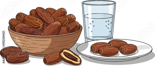 Dates in Bowl and on Plate with Water.