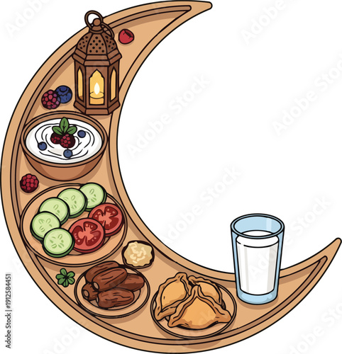 Crescent Moon Tray with Ramadan Foods and Drinks.