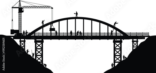 Arched bridge construction silhouette, workers teamwork illustration, crane lifting materials vector art, infrastructure project collaboration concept, welding assembling building scene - flavector