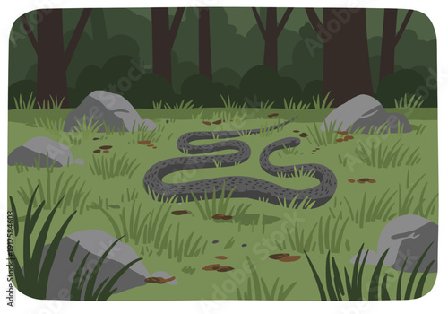 A snake slithers through a grassy forest clearing surrounded by rocks and trees from a bird's eye view.